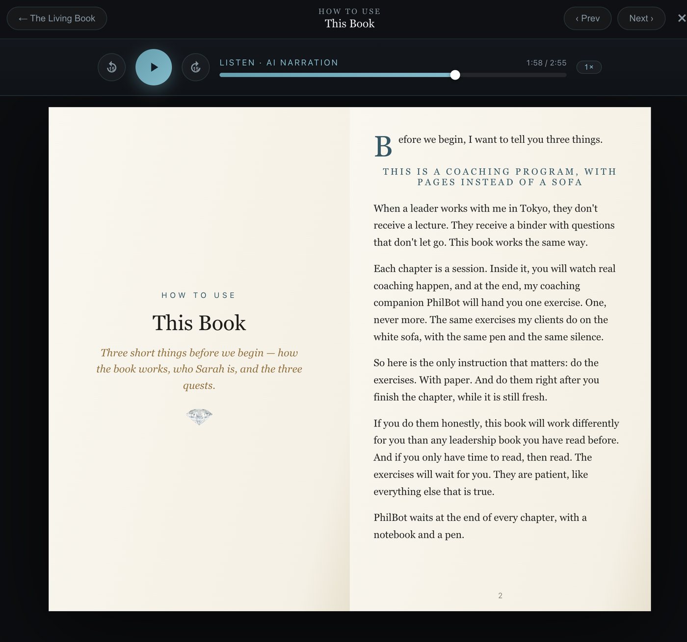 The Living Book open on a laptop, two pages side by side with the audio player above